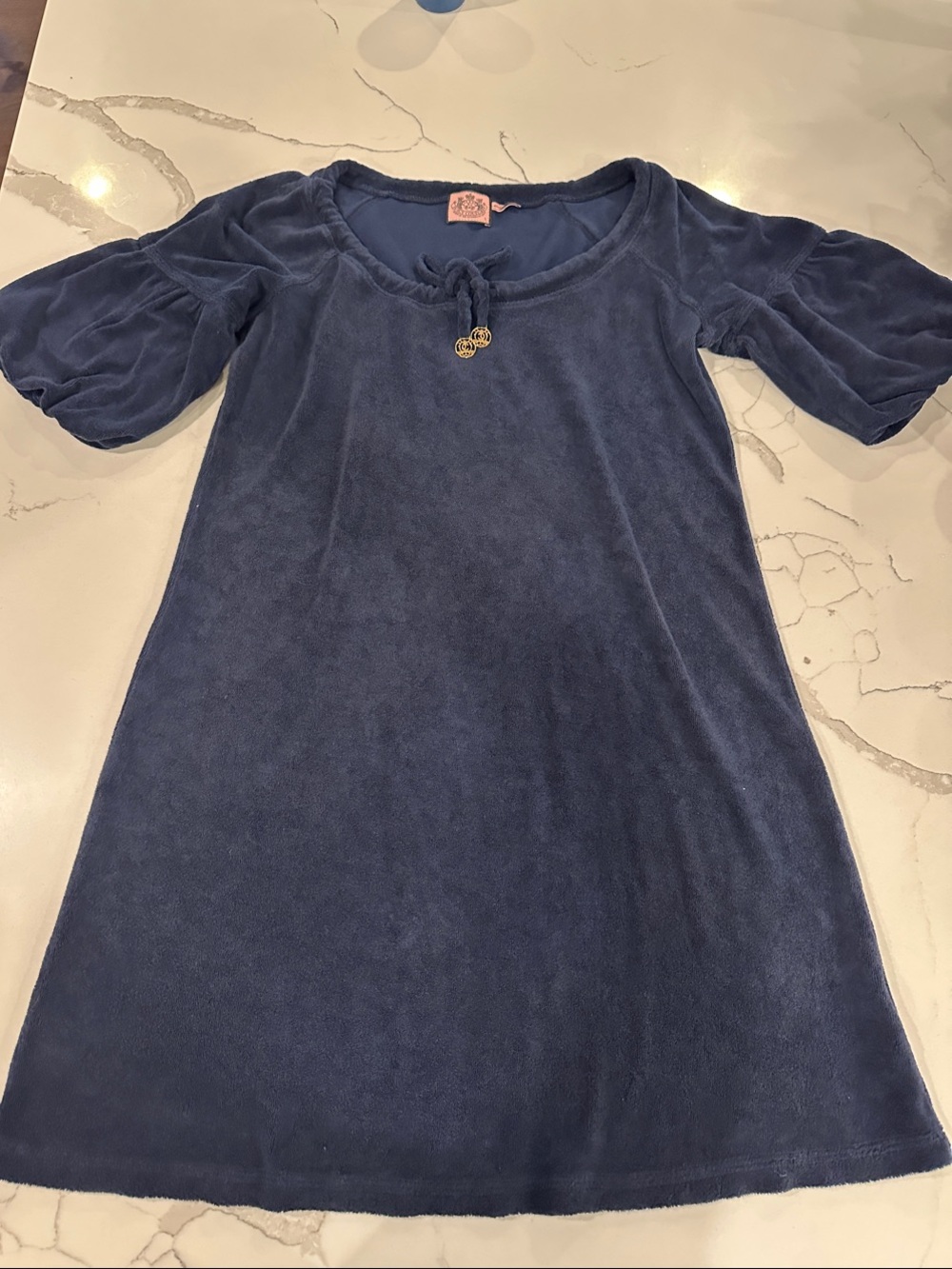 Juicy Couture Navy Short Puff Sleeve Dress with Gold Medallion Tie Detail